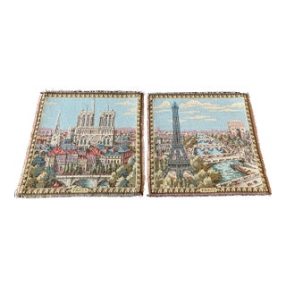 Vintage French Paris Landmark Tapestries, Eiffel Tower & Notre Dame Wall Hangings - Set of 2 For Sale