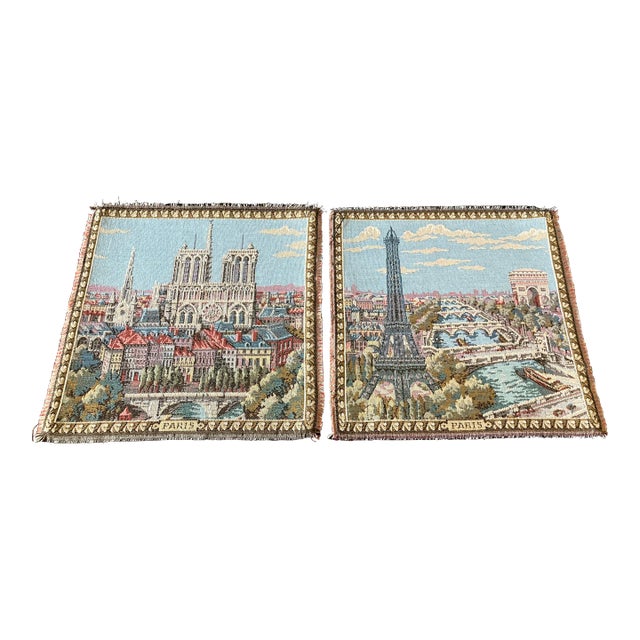 Vintage French Paris Landmark Tapestries, Eiffel Tower & Notre Dame Wall Hangings - Set of 2 For Sale