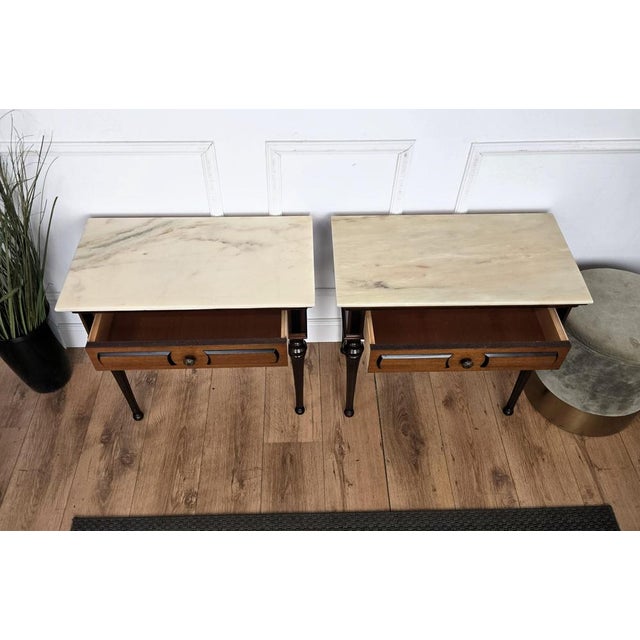 Wood Mid-Century Modern Italian Art Deco Wooden Nightstands with Marble Top, 1950s, Set of 2 For Sale - Image 7 of 10