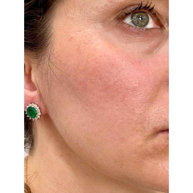 4 Ct Oval Shape Emerald & 1.5 Ct Diamond Post Back Earrings 14 Karat Yellow Gold For Sale In New York - Image 6 of 18