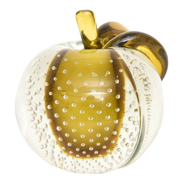 Vintage Murano Salviati Army Green and Clear Bullicante Apple Sculpture Object Italian For Sale