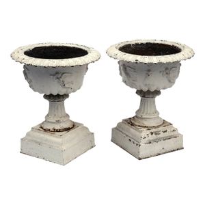 Pair of Antique Iron Pedestal Garden Urns