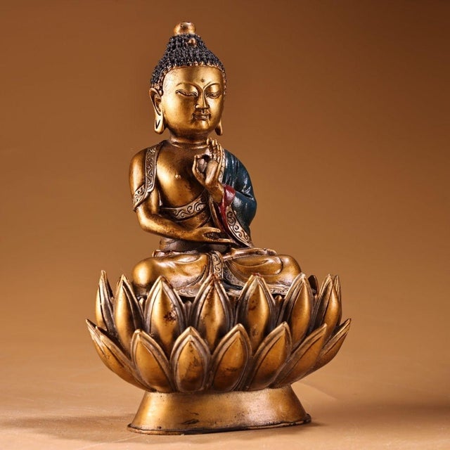 Vintage Gilt Bronze Shakyamuni Buddha Statue on Lotus Base - Asian Sculpture For Sale In Los Angeles - Image 6 of 9