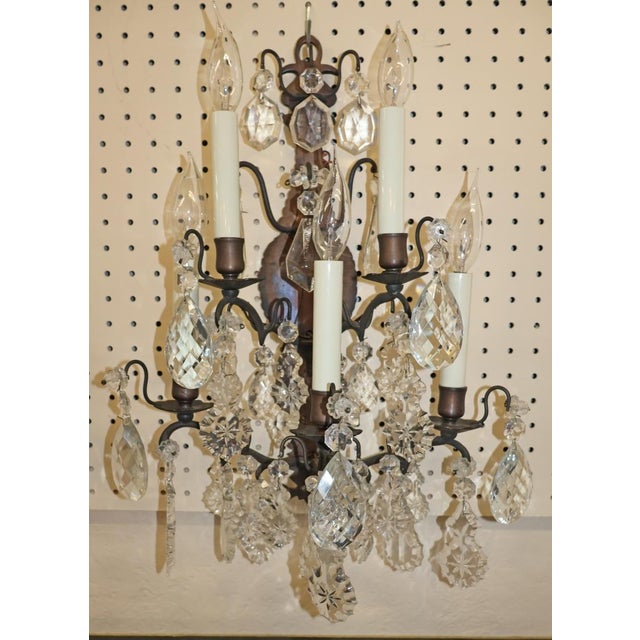 French Louis XVI Style Bronze and Crystal 5 Light Sconces Circa 1950's For Sale - Image 4 of 10
