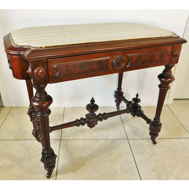 Art Deco Antique Flame Mahogany & Mahogany Finial Table W/ Drawer - Padded Top For Sale - Image 3 of 12