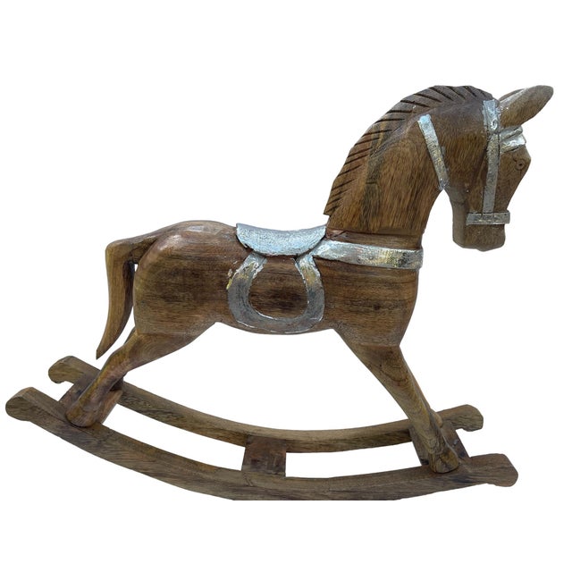 American Large Vintage Holiday Wooden Rocking Horse Pony With Sterling Silver Appliqué For Sale - Image 3 of 11