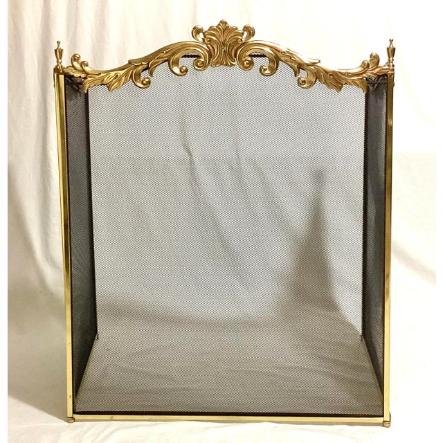 Vintage French Style Brass and Mesh Fireplace Screen This elegant fireplace screen features a brass frame with fine mesh...