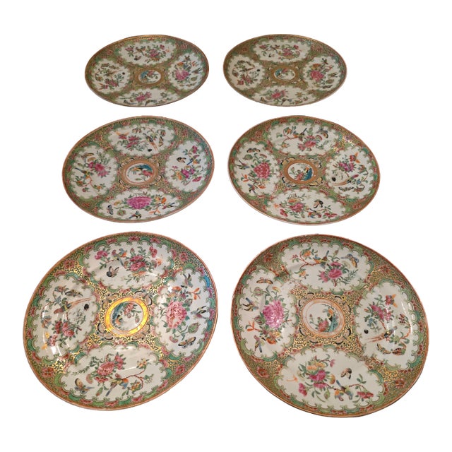 Antique Chinese Porcelain Set of Six Rose Canton Plates For Sale