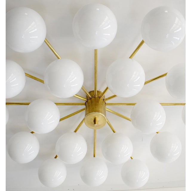 Metal 21st Century Natural Brass Glossy White Murano Globes Flush Mount by Fabio LTD For Sale - Image 7 of 10