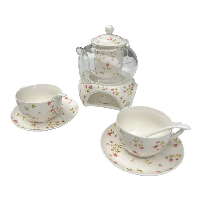 1970s Glass and Ceramic Tea Set With Painted Pink Rose Details- 9 Pieces For Sale