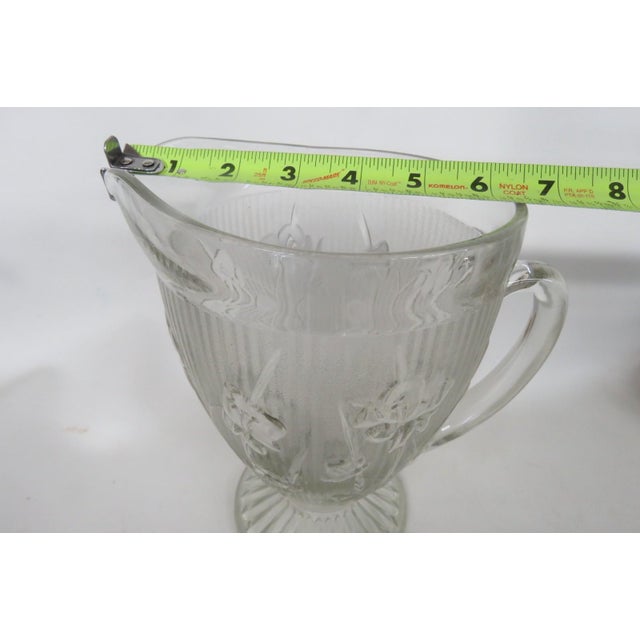 Jeannette Iris and Herringbone Footed Pitcher Clear Glass Embossed Design 4863b For Sale - Image 11 of 15