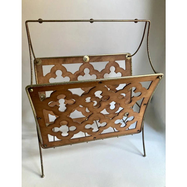 American Mid Century Wood and Brass Magazine Newspaper Stand. Book Holder. Electronic Rack. Towel Holder. Firewood Holder....