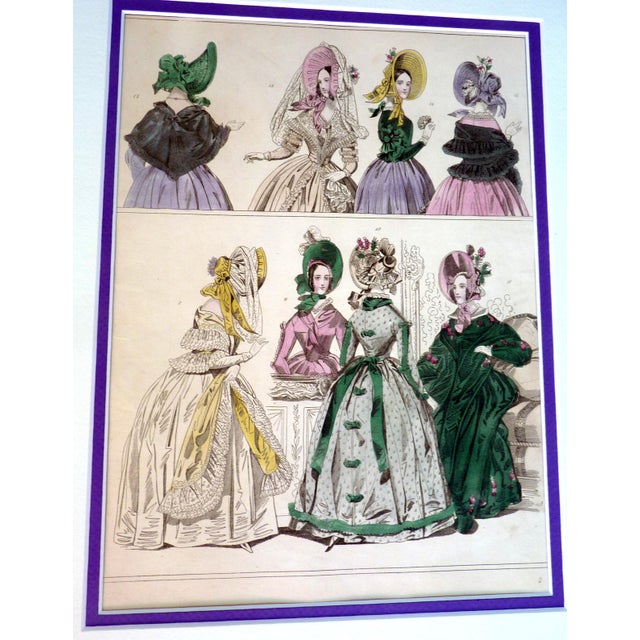 Paper Set of 6 1837 the Beau Monde Hand-Colored Millinery & Fashion Plates 11" X 14" Custom Mat For Sale - Image 7 of 11