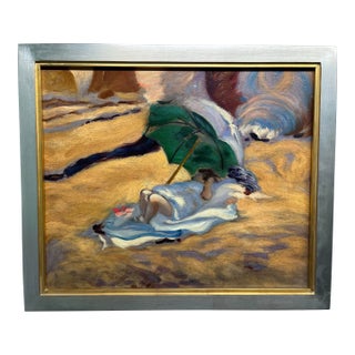 Antique 1920s Impressionistic Oil on Canvas Beach Scene For Sale