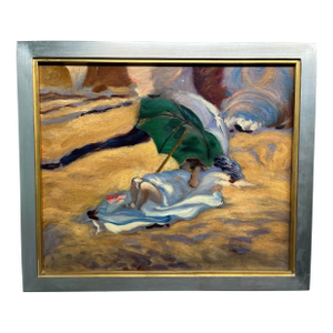 Antique 1920s Impressionistic Oil on Canvas Beach Scene