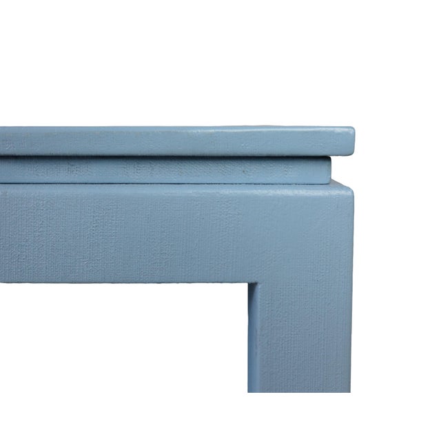 Karl Springer Style Modern Light Blue Linen-Raffia Coffee Table. With Four Brass Sabot For Sale - Image 4 of 10