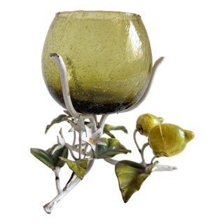1950s Italian Toleware Hurricane Candle Holder With Lemon Tree Accents For Sale