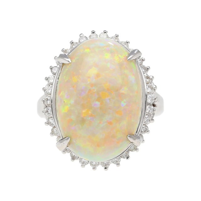 1990s 7.86 Carat Natural White Opal and Diamond Halo Platinum Ring For Sale - Image 5 of 12