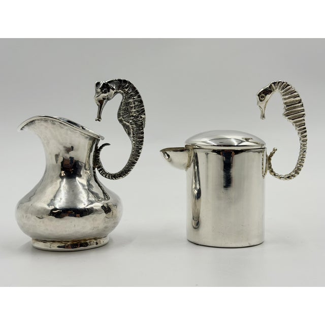 1950s Los Castillo Taxco Seahorse Silver Plate Creamer & Sugar Set For Sale - Image 11 of 18