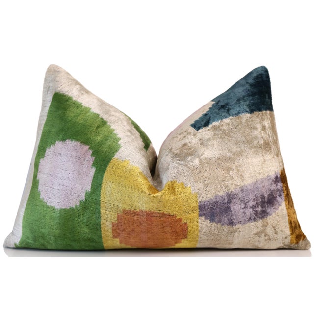 2020s Green Yellow and Lilac Abstract Silk Velvet Pillow 16x24 Handmade Luxury Cushion For Sale - Image 5 of 8