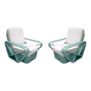 Restored 1940s Aqua Turquoise 5-Strand Square Pretzel Rattan Lounge Chairs - Pair For Sale