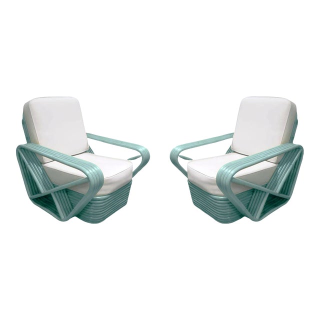 Restored Aqua Turquoise 5-Strand Square Pretzel Rattan Lounge Chairs , Pair For Sale