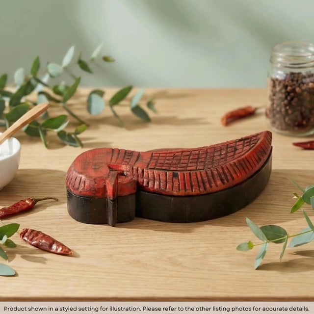 Dimensions: 8" W x 3" D x 2" H This is a vintage spice box with compartments, shaped and carved in the shape of a parrot.
