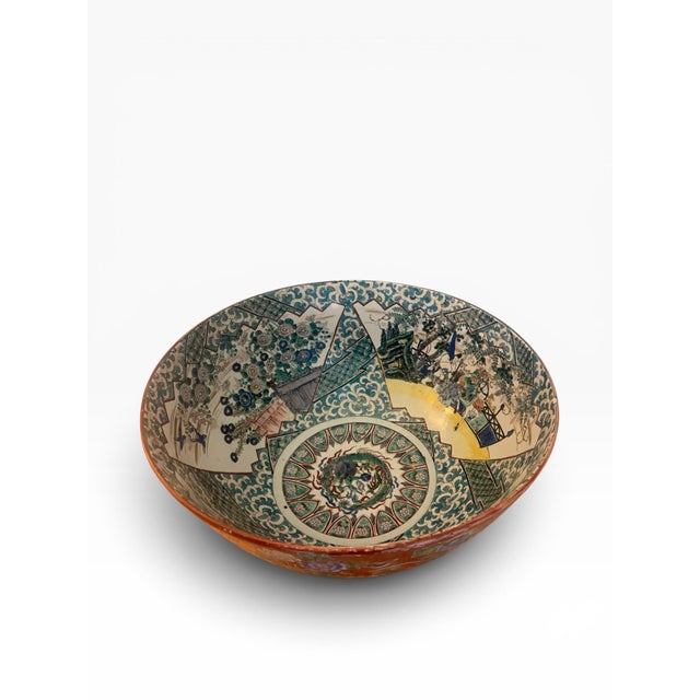Late 20th Century Large Kutani Style Japanese Porcelain Centerpiece Bowl With Floral & Figural Decoration For Sale - Image 4 of 9