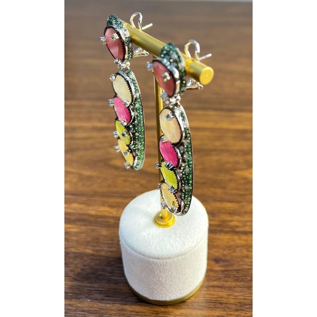 Unique Multi Color Sapphire Emerald Diamonds 18k White Gold Statement Earrings, A Pair For Sale - Image 9 of 11