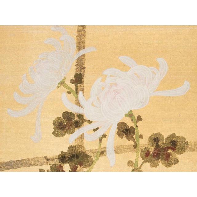 1970s "Tit and Chrysanthemums", Showa Era Japanese Painted Silk Bybu Screen For Sale - Image 5 of 18