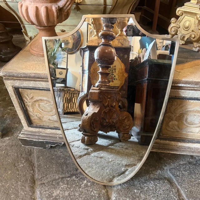 1950s Gio Ponti Style Mid-Century Modern Brass Italian Shield Wall Mirror For Sale - Image 12 of 13
