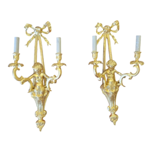 Pair of 1930s Gilt Bronze Cherub Wall Scones
