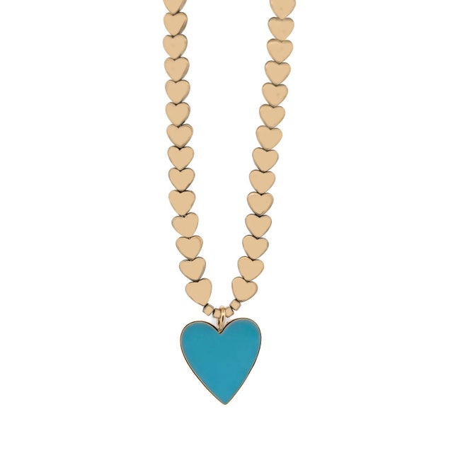 Blue Calmness Blue Heart Pendant Gold Heart Beaded Necklace For Sale - Image 8 of 8