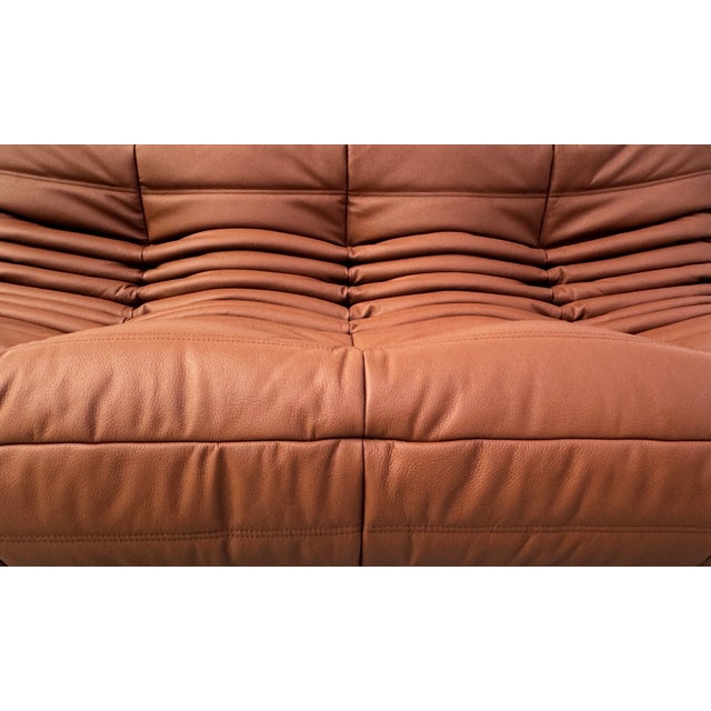 French Togo Sofa in Thick Cognac Cow Leather by Michel Ducaroy for Ligne Roset, in Restored conditions. Designed 1970 to...