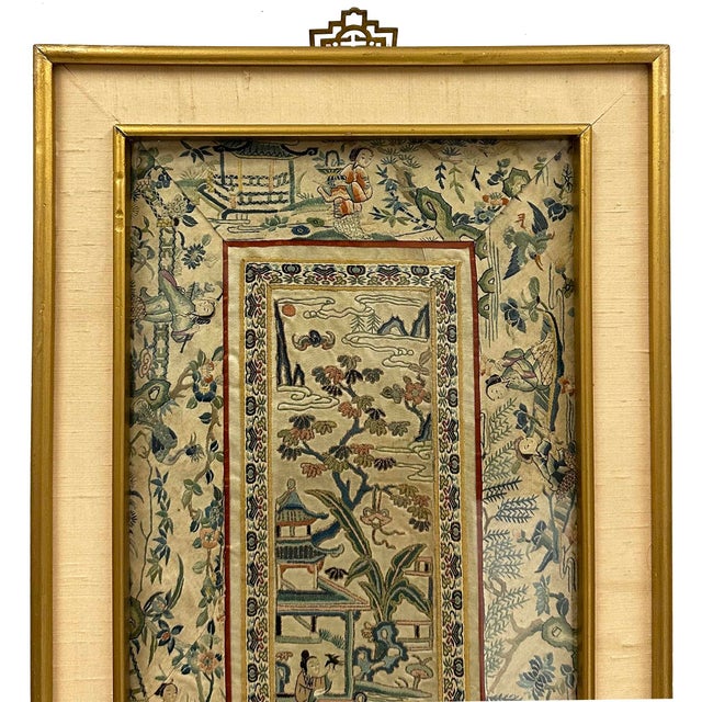 The item shown in the image is an antique Chinese silk embroidered robe sleeve panel, dating from the late Qing Dynasty...