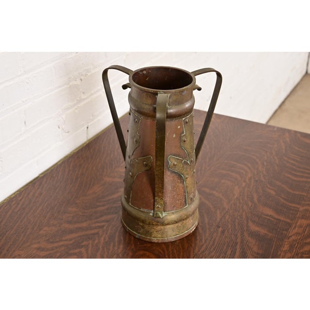 Stickley Brothers Stickley Brothers Antique Arts & Crafts Three-Handled Large Copper and Brass Vase For Sale - Image 4 of 13