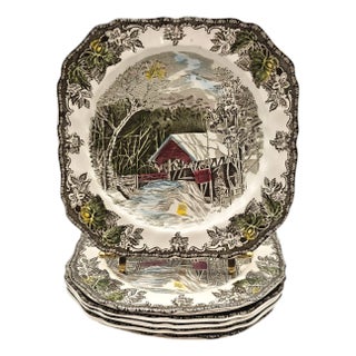 Johnson Brothers “Friendly Village - Covered Bridge” Square Ironstone Salad Plates, Set of 6 For Sale
