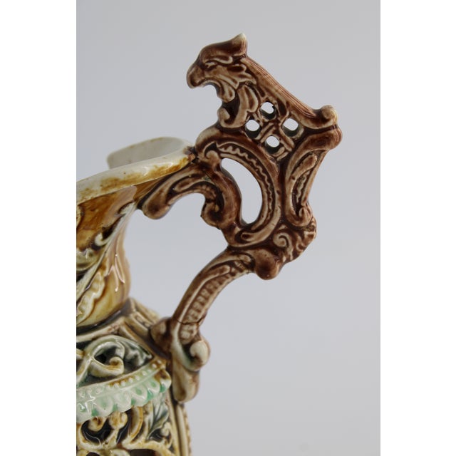 Victorian Antique Staffordshire Majolica Griffon Handle Ewer Reticulated Pitcher, England For Sale - Image 3 of 6