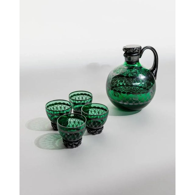 Metal Vintage Green Murano Glass Liqueur Decanter and Glasses with Hand-Painted Silver Decor, Italy, 1930s, Set of For Sale - Image 7 of 11