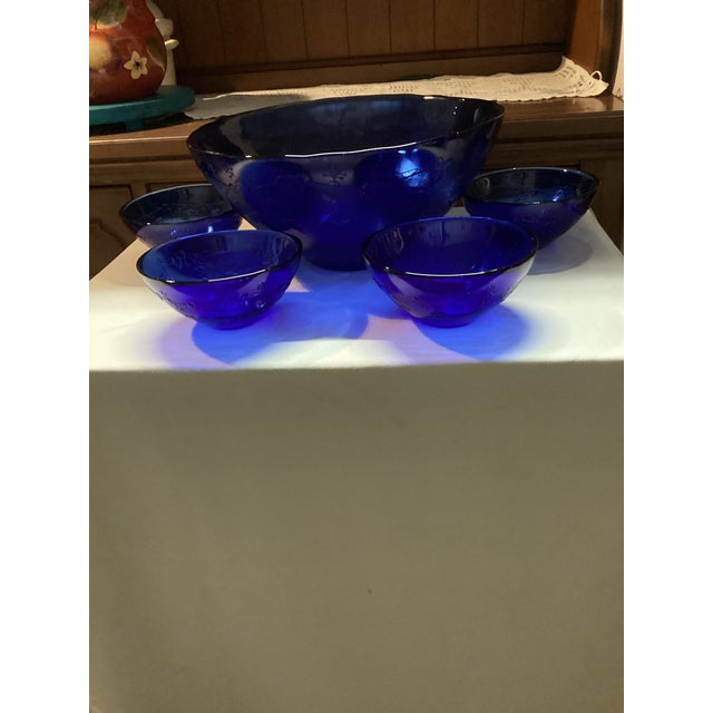 Vintage Cobalt Blue Cherry Blossom Servings Set of 5 Pieces by Jeannette Glass For Sale In Dallas - Image 6 of 7