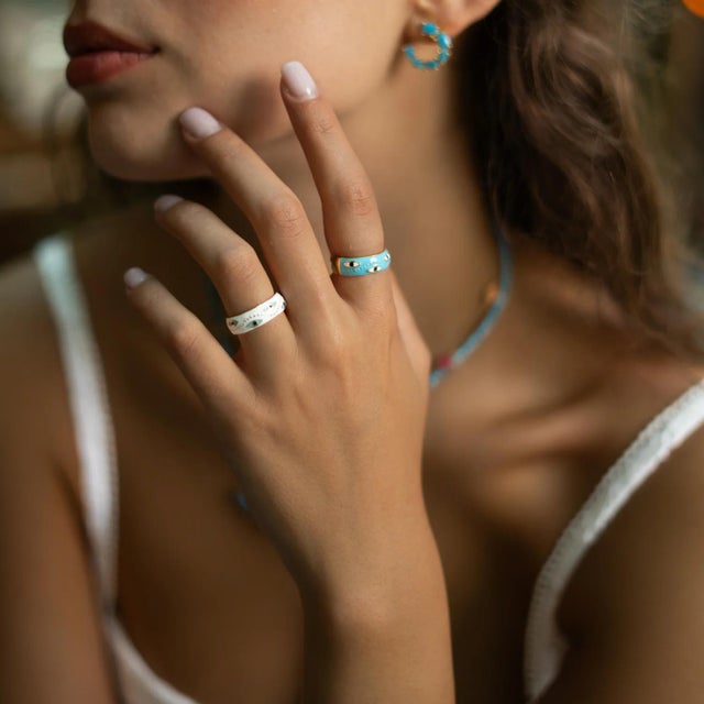 Metal White Enamel Evil Eye Gold Adjustable Band Ring, Size 8 For Sale - Image 7 of 8