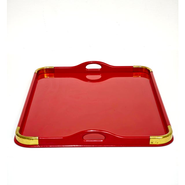 Mid-Century Modern Rectangular Red Lacquered Tray with Brass Corners from Rue Royale, 1960/70 For Sale - Image 4 of 14