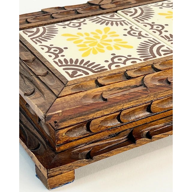 1970s Vintage Mexican Folk Art Carved Wooden Box With Orion Decorative Tiles For Sale - Image 4 of 9