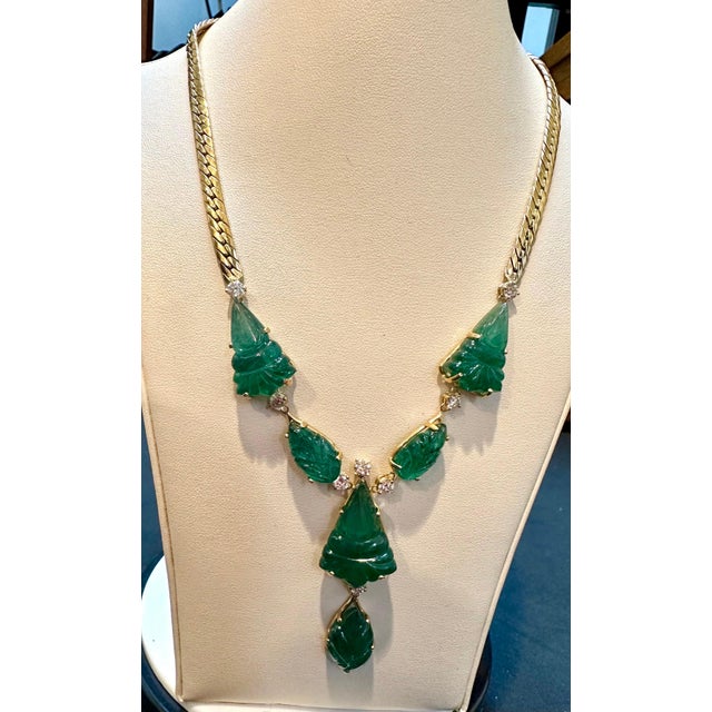 Gemstone 115 Ct Natural Carved Drop Emerald & 4 Ct Diamond Necklace 18 Kt Gold Necklace For Sale - Image 7 of 8