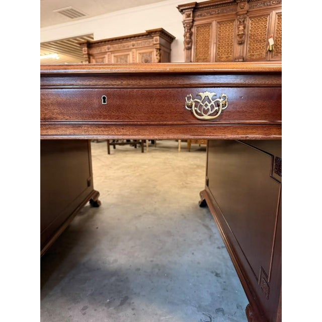 Mid-20th Century Chippendale Style Mahogany Partners Executive Desk With Embossed Leather Top, Circa 1950s For Sale - Image 14 of 18