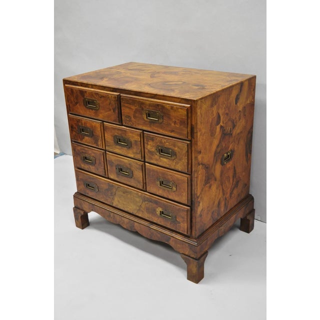 Vintage Italian Olive Wood Veneer Campaign Chest of Drawers Cabinet Side Table For Sale - Image 12 of 18