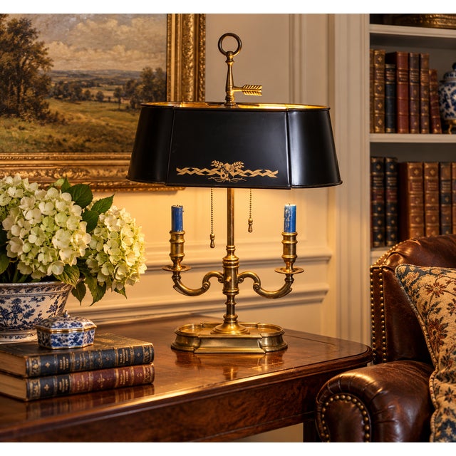 Wildwood Vintage Brass Bouillotte Style Two-Light Table Lamp With Black Tole Shade and Gilt Decoration For Sale - Image 18 of 18