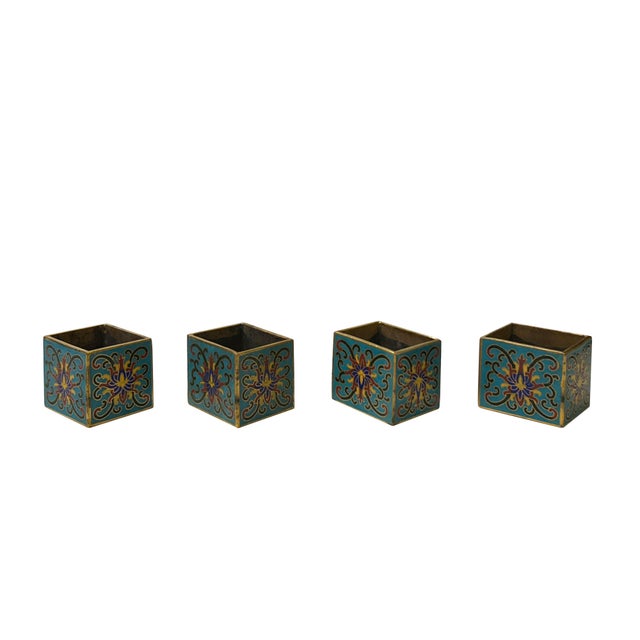 Turquoise Set of 4 Turquoise Enamel Cloisonne Furniture Feet Metal Bracket For Sale - Image 8 of 8