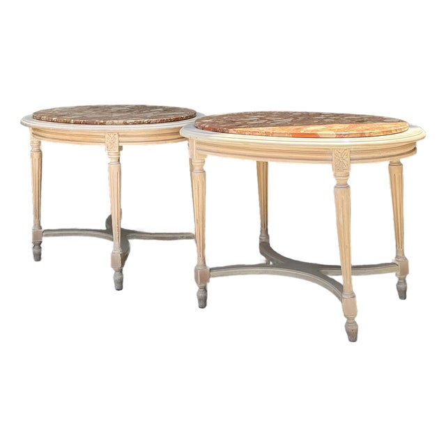 Vintage Stone Top Carved Oval Side Tables - A Pair For Sale