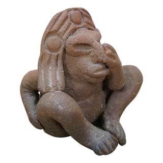 Mid 20th Century Pre-Columbian Aztec Mayan Clay Terracotta Whistle Seated Figurine 3" For Sale